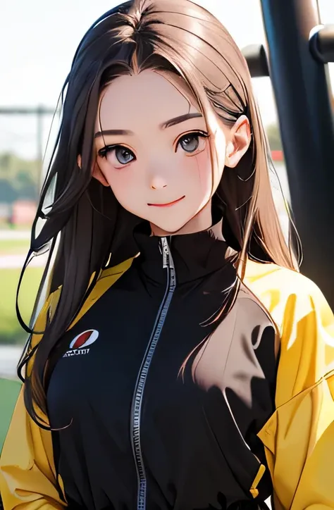 highest quality、realistic、Japanese、girl、zoom、cute、gray eyes、long hair、chestnut hair、all back、The forehead is out、playground、Gym suit、double piece、look down、A big smile、Sweat、bust shot、slender、small breasts