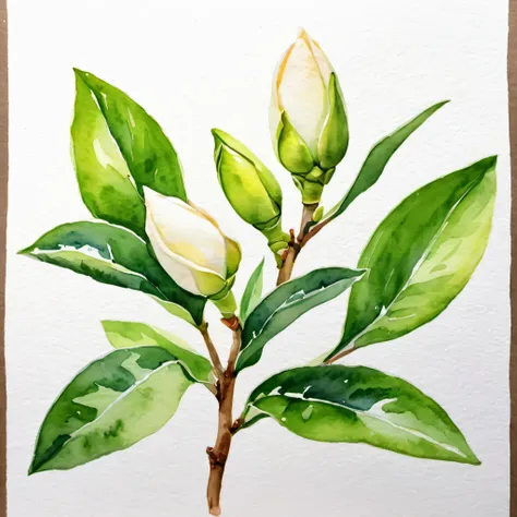 Gardenia buds，watercolor，Fresh and clean