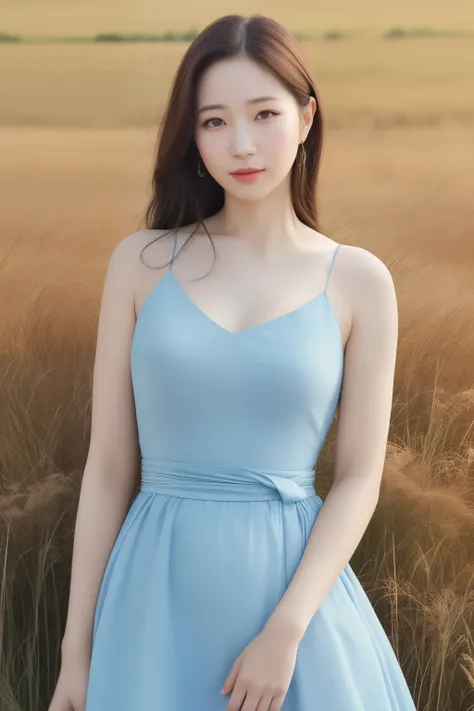 kzh1, woman, (realistic), (hyper realism), (photorealistic), Depth of the bounds written, eye make up:0.8, (Upper body:1.2), (tight waist), looking at the viewer, light blue dress, in the field, 