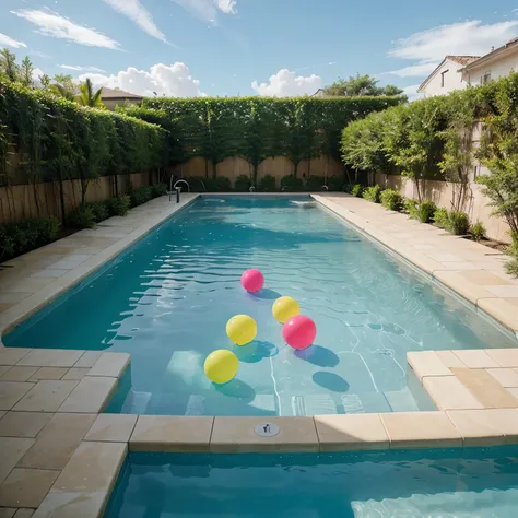 Create a not-too-large swimming pool, with balloons on the edge, que forme um L na borda com as cores branca e azul 