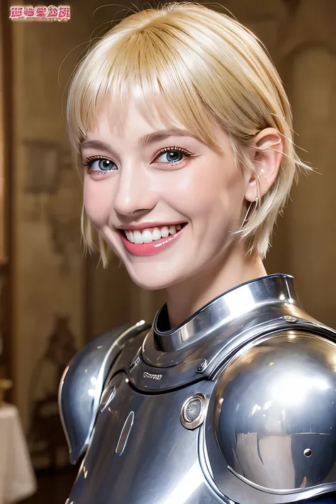 ８ｋ、female knight、The background is a room in a castle.、Luxurious Silver Armor、smile、beautiful teeth、full body photo、hairstyle short cut、ear piercing、white woman、blonde hair、blue eyes、Gummy Smile、、heavy makeup、