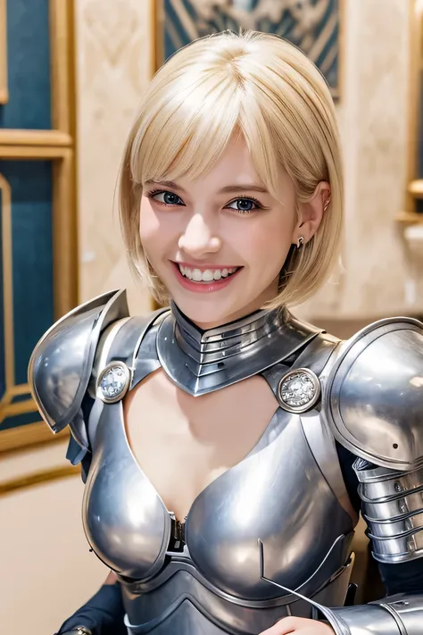 ８ｋ、female knight、The background is a room in a castle.、Luxurious Silver Armor、smile、beautiful teeth、full body photo、hairstyle short cut、ear piercing、white woman、blonde hair、blue eyes、Gummy Smile、、heavy makeup、