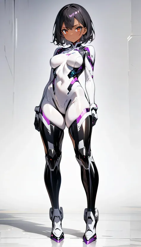 (((masterpiece:1.5))), full body image, anime android robot girl, 1girl, shiny, skintight latex ((white)) sci-fi bodysuit with purple accents, black hair, tan skin, amber eyes, neutral expression, plain white background