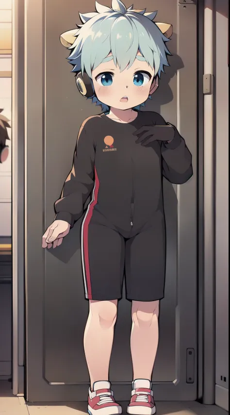 2d boy shota，one-piece mountaineering suit，horns，cow ears，put the headphones on your head，stood up，goggles，sports shoes，slim，moa...