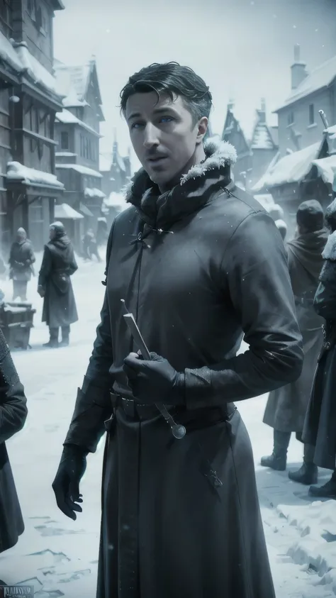 frostpunk, ((aidan gillen)) as petyr baelish, frostpunk pimp, standing near a frostpunk brothel, winter, snow, 1man, solo, beaut...