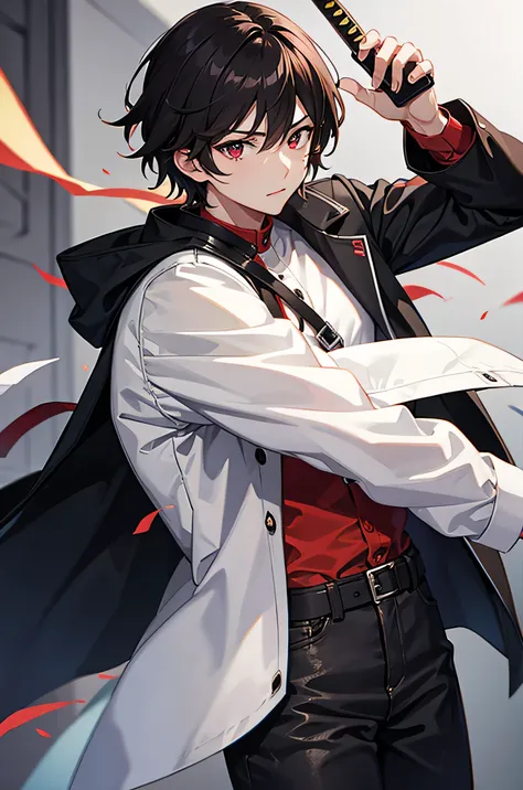 handsome guy、male、red eyes、holding a sword、in the middle of a modern downtown area、the sword is stained red and black.、brown sho...