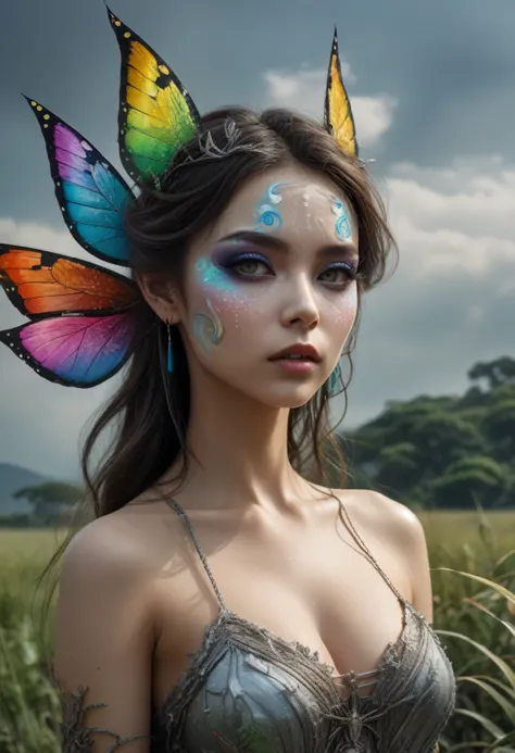 full-body shot,very high , U.K.,Who can&#39;t fly,cinematic, Technicolor,natural skin texture, Surreal, Super detailed,Very detailed,high contrast,actual,Rainbow Fairy, Rear view,Total length,devil,Apparition,pretty face,intricate details,Really moist skin...