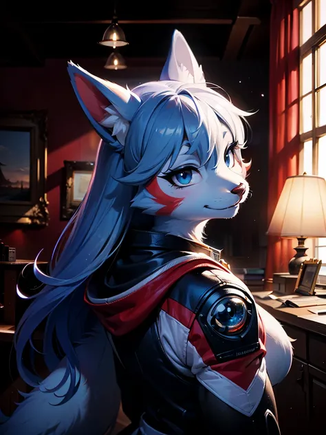 furry, girl fox, masterpiece, Best quality at best, (Just focus), (Its a perfect face:1.1), (high detal:1.1), (Ultra-detailed eyes), 25 year old beautiful astronaut 1950 , dark strong blue eye, white clotheetallic red details, Cinematic, photo shot, Semi-b...