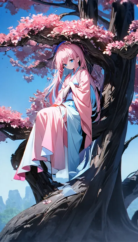 A girl in traditional Chinese clothing。Her hair was casually draped，Looks natural。She stood on a dense tree，This tree is very tall，Covering most of her body。
On top of the girl&#39;s head，There is a pink flower swaying gently in the breeze。Its presence add...