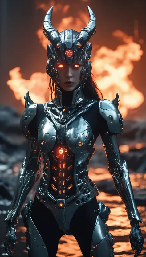 cinematic photo breathtaking biomechanical cyberpunk 1demon, fullbody,bulky creature, extremely futuristic diablo helmet with leds, fire lake, in the hell, hellfire,japanese girl, , skinny body, flat chest, extremely cute face, extremely ultra detailed fac...