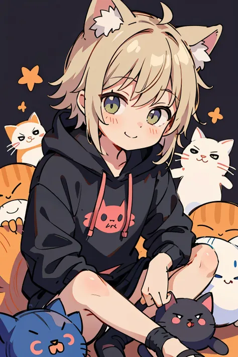 cat ear man、with a smile、black hoodie、cute、