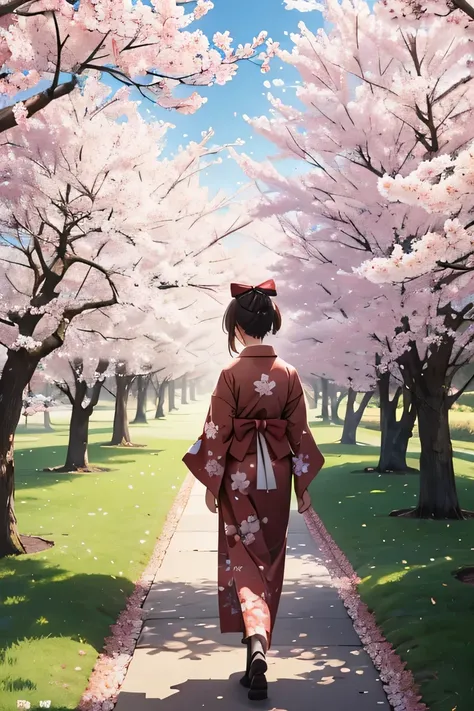 A young and girl walking on the grass, we only see her back and we cant see her face. She wears a traditionnal japanese kimono witha bow on the back and has brown short hair, she is surrounded by sakura trees, semi realism, digital art illustration
