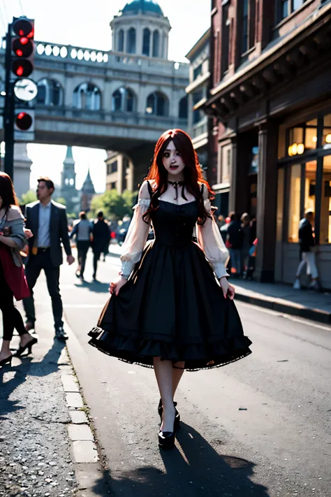 Young and beautiful woman, blood-colored red hair, shaded like charcoal, Rococo Gothic style clothes, lolita with makeup, scenery of current urban centers, tempo as if dancing through the city, happy, intricate, realism, angle from bottom to top, angle asc...