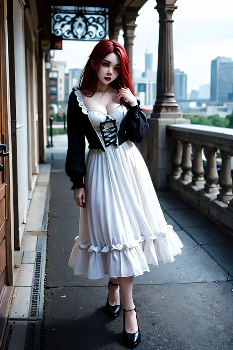 Young and beautiful woman, blood-colored red hair, shaded like charcoal, Rococo Gothic style clothes, lolita with makeup, scenery of current urban centers, tempo as if dancing through the city, happy, intricate, realism, angle from bottom to top, angle asc...