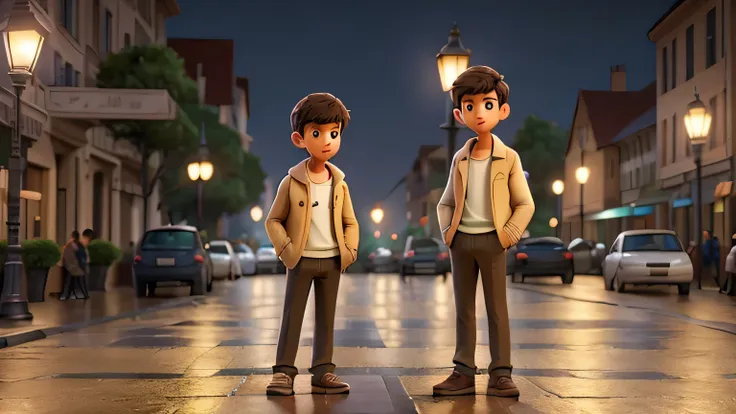 In the middle of a busy city square, At night, Under the soft light of a street lamp, A young man standing with a thoughtful expression on his face. He is dressed casually, But the outfit is elegant., It consists of a beige jacket, Khaki pants, And sturdy ...