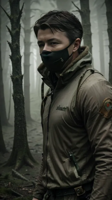 postapocalypse, ((aidan gillen)), running in the forest, ((silent hill)), ((smog)), ((fog)), ((ash)), 1man, solo, full body view...