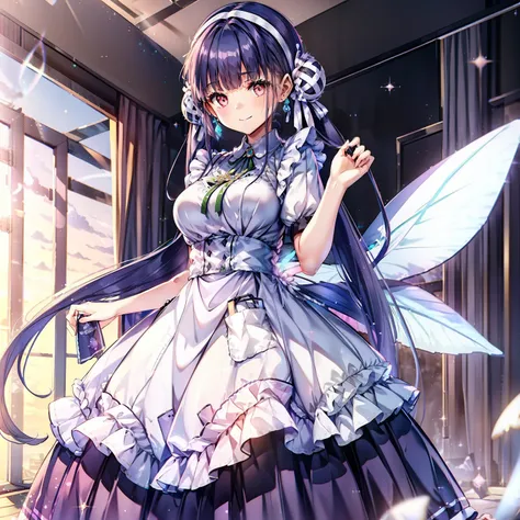 soft expression,((light smile,Happy:1.5))((Sparkling fluffy layered ball gown)),A big and beautiful dress inspired by roses, lots of flowers、frills、Intricate billowing ball gown with rhinestones ( table top, art station, fantasy art:1.2), See here,standing...