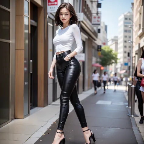 Beautiful legs girl in laminated pants