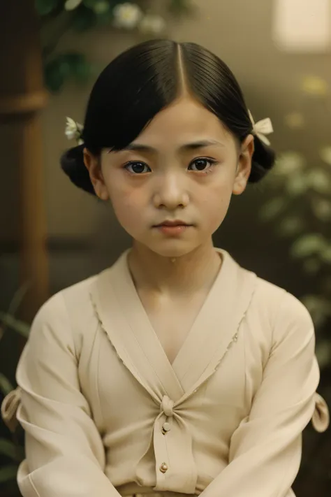 Japan, 1929. A little ((((9-year-old)) Chiyo Sakamoto)), strikingly beautiful, delicate facial features, porcelain skin, expressive eyes, ((((clothings from the 1920s)))), ((hairstyle of the 1920s)), color