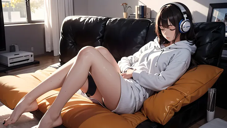 ((lone female)), late night, sleeping on couch, sleeping, ((alone)), long dark hair, cool woman, wearing white hoodie, night, stylish room, lying down, prone, pajamas, headphones off, legs stretched, relaxing, falling asleep,