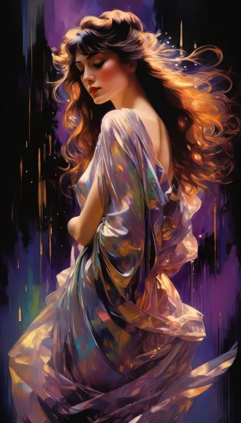 chiaroscuro technique on sensual illustration of an elegant queen (((long hair with bangs:1.4、Beautiful bangs) , vintage ,silky dress, matte painting, by John Singer Sargent, by Harumi Hironaka, abstract background, (upper body:1.5), Rainbow rain, highly d...