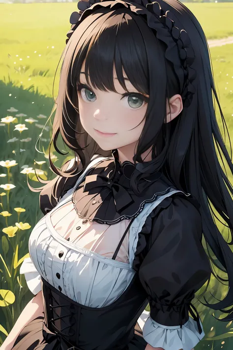 top-quality、​8K Masterpiece、Draw the face in detail、1 childish girl、Gothic Lolita costume、kawaii pose、professional lighting、Happy expression、Shiny black hair、perfect anatomy、In a green meadow