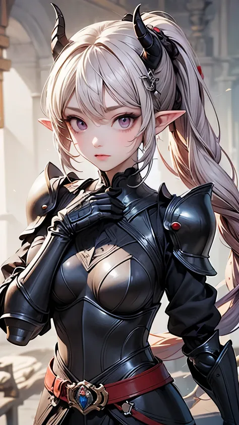 (Masterpiece, best quality), detailed, (medieval royal demonic fullplate heavy armor), athletic, busty, demon, demon girl, detailed beautiful purple eyes, detailed face, pointy ears, red hair and white skin, braided ponytail, demon horns, full of details.