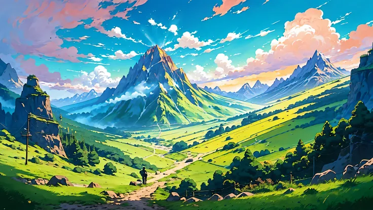 there is a man riding a bike down a road with a mountain in the background, anime countryside landscape, beautiful anime scene, anime landscape, beautiful anime scenery, official anime artwork, anime beautiful peace scene, anime background art, detailed sc...