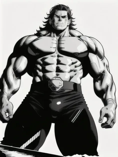 high contrast, best quality, high resolution, manga, monochrome, screentone, handwritten style, allmight, hunk, wet clothes, from below, arms folded, ((only wearing a black pants, faintly visible internal structure: 1.2)), sunlight,