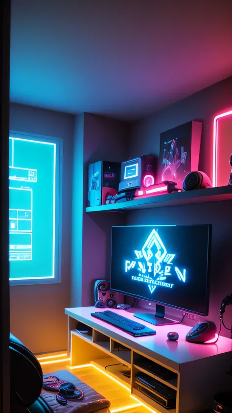 gamer-style mens bedroom design, computer, neon light, toys, with LED lights, 8k