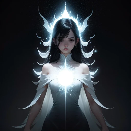 a close up of a person with a black hair and a white body, a still of an ethereal, unsettling image, female image in shadow, white glowing aura, ghostly form, anthropomorphic silhouette, fractal human silhouette, mysterious figure, symmetrical fullbody ren...