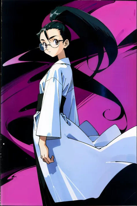 by Ken Sugimori, sugimori 1990s, ((only 1woman)), black kimono, white labcoat, glasses, cave background ((hands behind their back)), full black pupils, manga, best quality, highly detailed, clean lines, cowboy shot, good hands, good eyes, hd, 8k, professio...