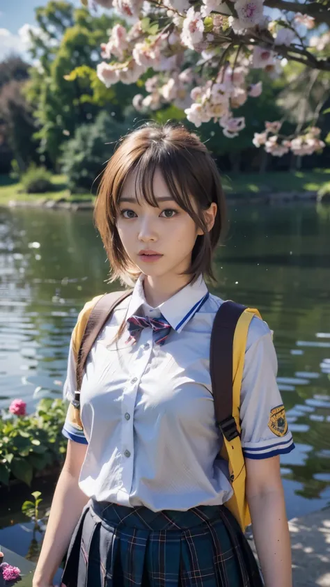 Lakeside park with sunlight shining through the trees, (school uniform, shirt, skirt),  japanese girl, , skinny body, flat chest, extremely cute face, extremely ultra detailed face, extremely ultra real skin, extremely ultra detailed eyes, extremely ultra ...