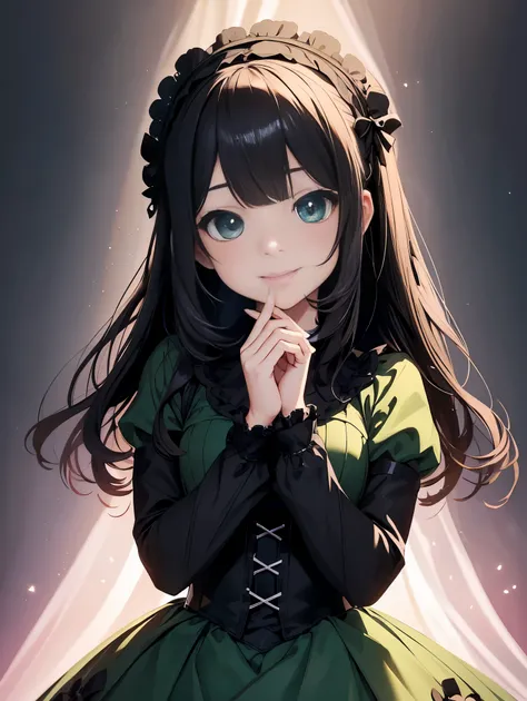 top-quality、​8K Masterpiece、Draw the face in detail、1 childish girl、Gothic Lolita costume、kawaii pose、professional lighting、Happy expression、Shiny black hair、perfect anatomy、In a green meadow