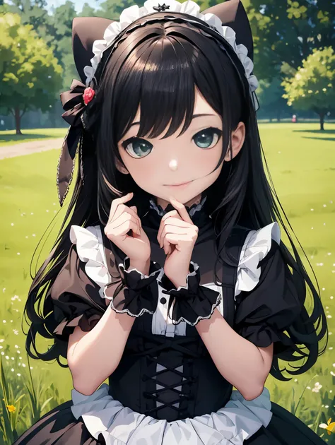 top-quality、​8K Masterpiece、Draw the face in detail、1 childish girl、Gothic Lolita costume、kawaii pose、professional lighting、Happy expression、Shiny black hair、perfect anatomy、In a green meadow