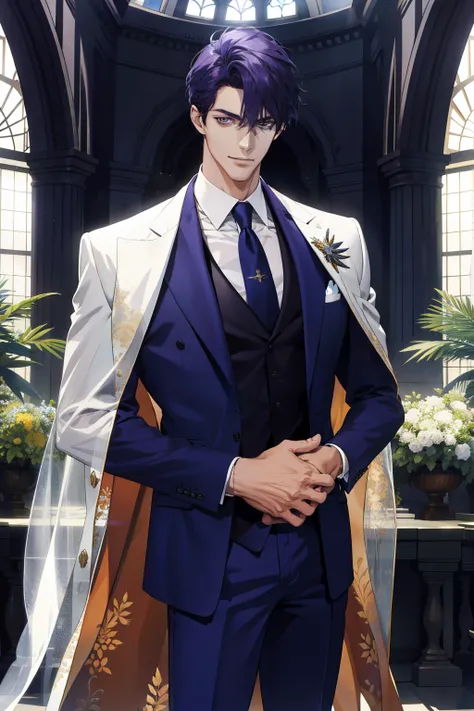 （absurderes，A high resolution，ultra - detailed），1 male，AS-Adult，handsome，Tall muscular man，a broad shouldered，Fine and detailed eyes and detailed face，Business suit，Manteau blanc，ln the forest，ssmile，rays of sunshine，rays of sunshine，Weddings，Side Body，Pur...