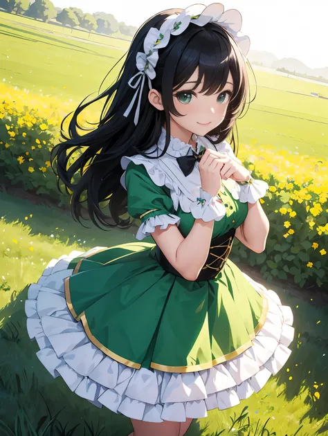 top-quality、​8K Masterpiece、Draw the face in detail、1 childish girl、colorful Lolita costume、Full body、kawaii pose、professional lighting、Happy expression、Shiny black hair、perfect anatomy、In a green meadow