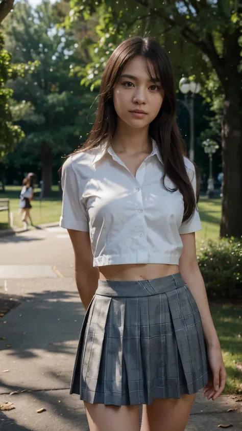 Lakeside park with sunlight shining through the trees, (school uniform, shirt, skirt),  japanese girl, , skinny body, flat chest, extremely cute face, extremely ultra detailed face, extremely ultra real skin, extremely ultra detailed eyes, extremely ultra ...