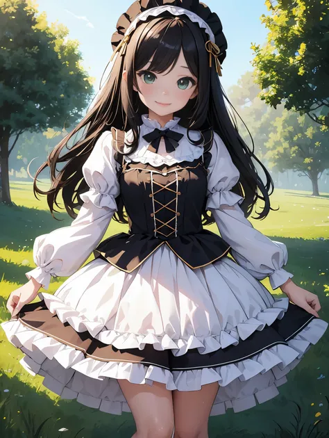 top-quality、​8K Masterpiece、Draw the face in detail、1 childish girl、colorful Lolita costume、Full body、kawaii pose、professional lighting、Happy expression、Shiny black hair、perfect anatomy、In a green meadow