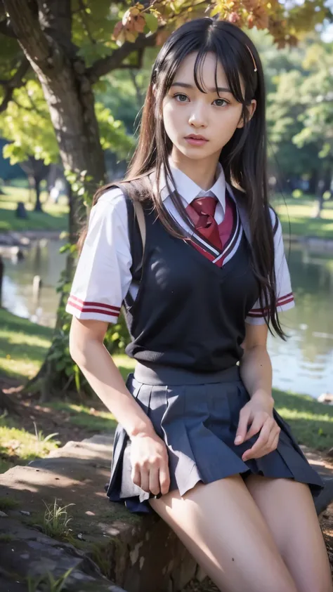 Lakeside park with sunlight shining through the trees, (school uniform, shirt, skirt),  japanese girl, , skinny body, flat chest, extremely cute face, extremely ultra detailed face, extremely ultra real skin, extremely ultra detailed eyes, extremely ultra ...