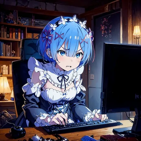 (((angry))),anime character sitting at a desk with a computer in front of her, rem rezero, anime moe artstyle, 2 d anime style, ...