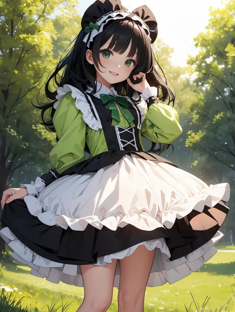 top-quality、​8K Masterpiece、Draw the face in detail、1 childish girl、colorful Lolita costume、Full body、kawaii pose、professional lighting、Happy expression、Shiny black hair、perfect anatomy、In a green meadow