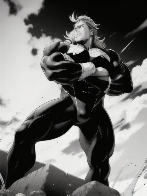 best quality, high resolution, manga, monochrome, handwritten style, allmight, hunk, black bodysuit, wet clothes, from below, ar...