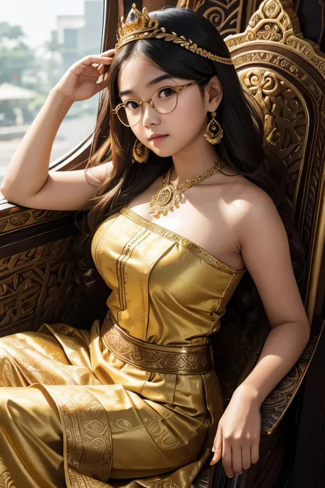 Detailed face of half body photo. 16 year old Indonesian girl with a sweet chubby  face,  big  round face and long brown wavy hair, round glasses, wearing a gold Balinese kebaya style queen dress with a small gold crown, sleeveless strapless with a long sk...