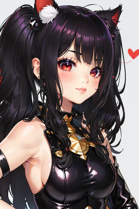 ,((long hair slightly wavy slightly past the shoulders, black bangs, small black pigtails on the sides, cute cat ears, beautiful thin red eyes,)),rubor, escote,aura brillante, luz natural, obra maestra,  piel brillante, labios jugosos , ,sexy, caliente, , ...