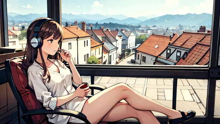 A beautiful girl wearing headphones drinking coffee in a relaxing cafe and looking at the view outside　