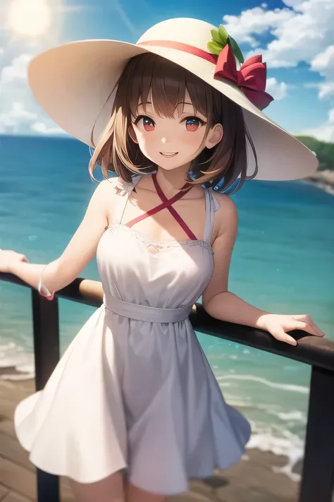 disorganized, 1 girl, Ocean, handrail, white dress, sun hat, smile,