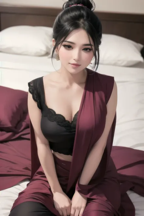 Sexy woman, black hair tied in a bun, smokey eyes, eyeliner, glossy lips parted, blushing intensely, smiling, wearing maroon kurta pajama with maroon sheer shawl, sitting on bed