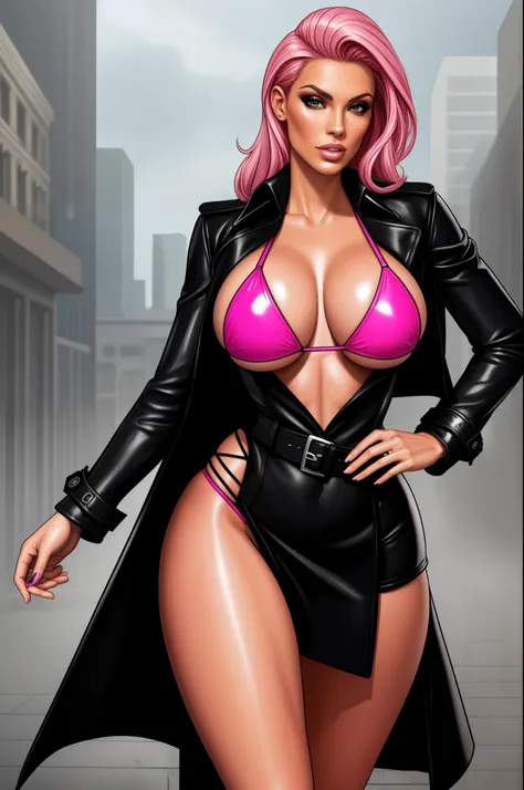 pink bikini, black leather trenchcoat