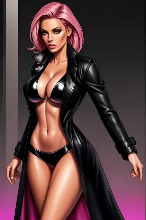 pink bikini, black leather trenchcoat